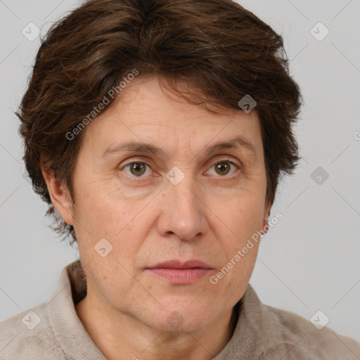 Joyful white adult female with short  brown hair and brown eyes