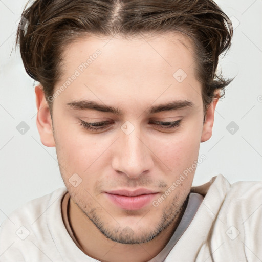 Neutral white young-adult male with short  brown hair and brown eyes