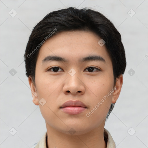 Neutral asian young-adult male with short  black hair and brown eyes