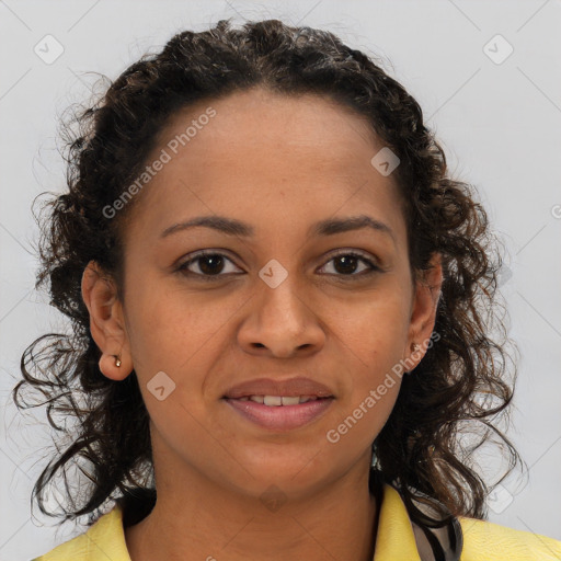 Joyful black young-adult female with medium  brown hair and brown eyes