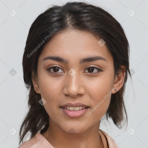 Joyful asian young-adult female with medium  brown hair and brown eyes