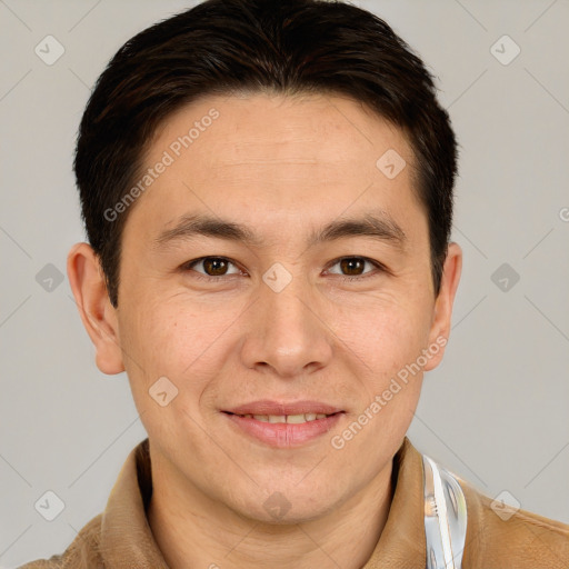 Joyful white adult male with short  brown hair and brown eyes