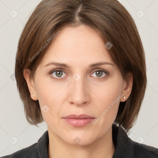 Neutral white young-adult female with medium  brown hair and brown eyes