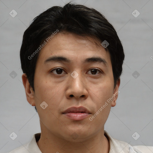 Neutral asian young-adult male with short  brown hair and brown eyes