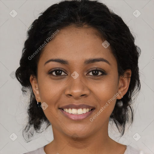 Joyful latino young-adult female with medium  black hair and brown eyes