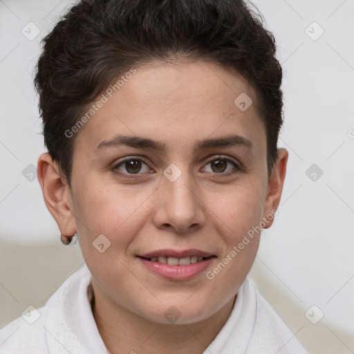 Joyful white young-adult female with short  brown hair and brown eyes