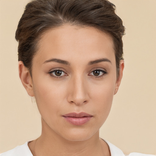 Neutral white young-adult female with short  brown hair and brown eyes