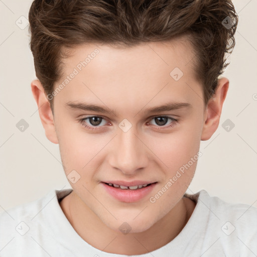 Joyful white child male with short  brown hair and brown eyes