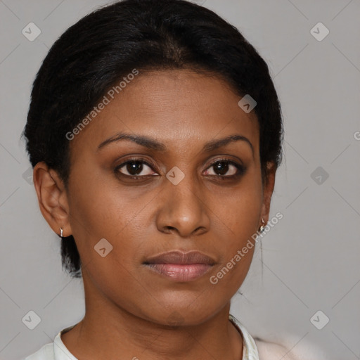 Joyful black young-adult female with short  brown hair and brown eyes