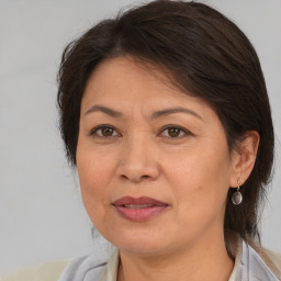 Joyful white adult female with medium  brown hair and brown eyes