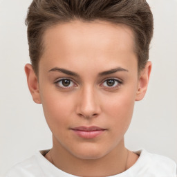 Neutral white young-adult female with short  brown hair and brown eyes