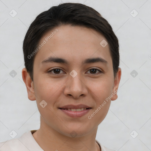 Joyful white young-adult female with short  brown hair and brown eyes