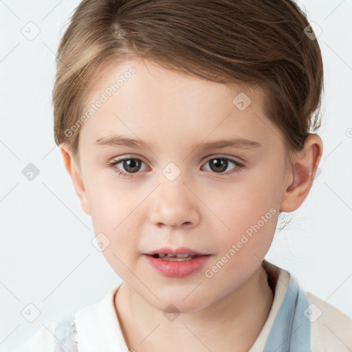 Joyful white child female with short  brown hair and brown eyes