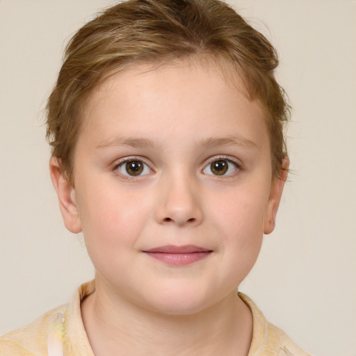 Joyful white child female with medium  brown hair and brown eyes