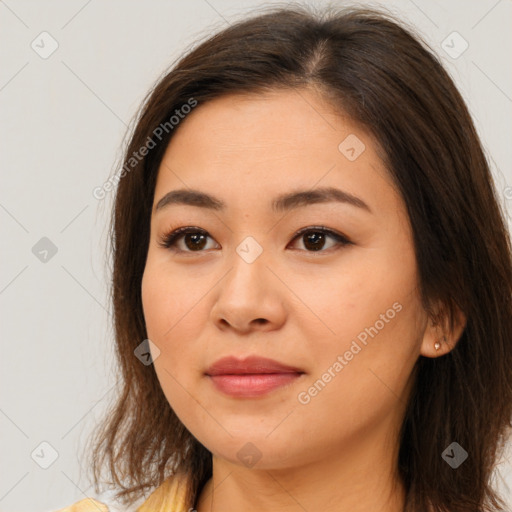 Neutral asian young-adult female with long  brown hair and brown eyes