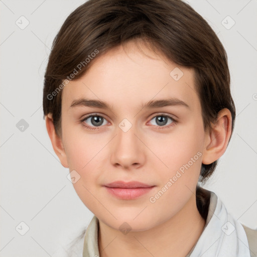 Neutral white young-adult female with medium  brown hair and brown eyes