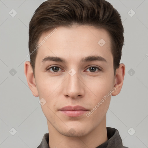 Neutral white young-adult male with short  brown hair and brown eyes