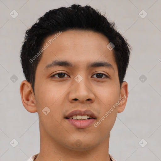 Neutral asian young-adult male with short  brown hair and brown eyes