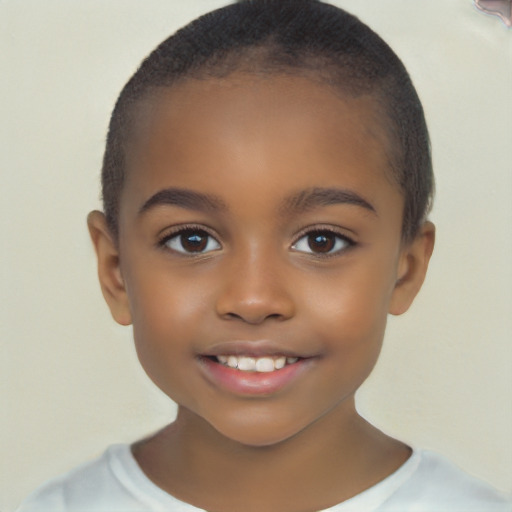 Joyful black child female with short  brown hair and brown eyes