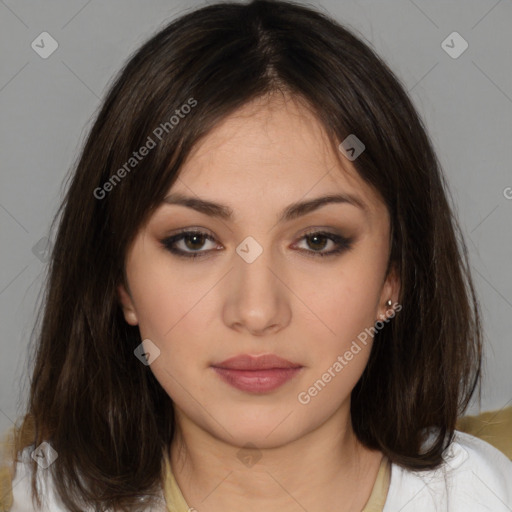 Neutral white young-adult female with medium  brown hair and brown eyes