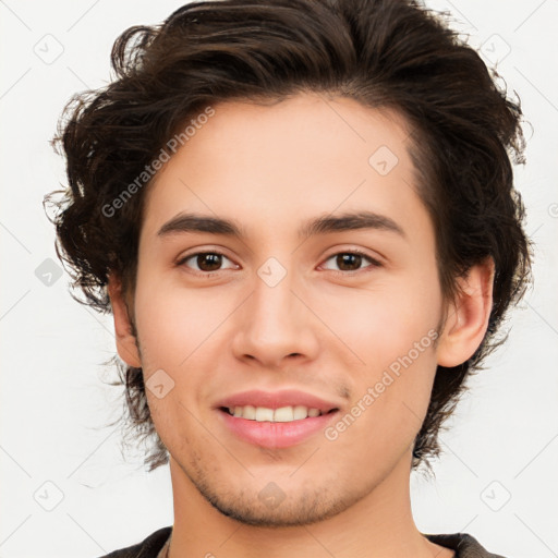 Joyful white young-adult male with medium  brown hair and brown eyes