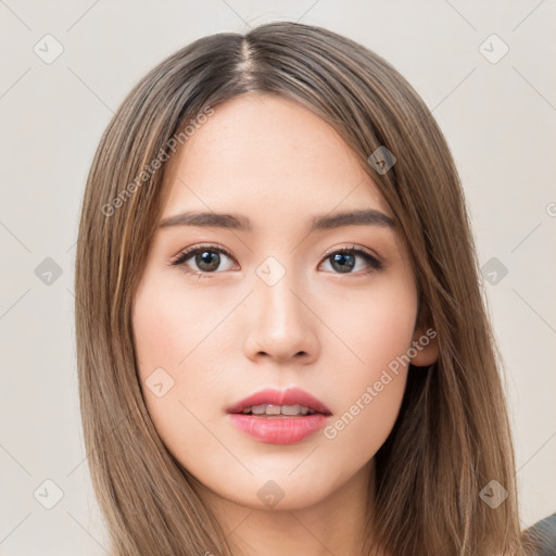 Neutral white young-adult female with long  brown hair and brown eyes