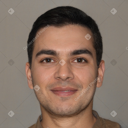 Joyful white young-adult male with short  brown hair and brown eyes