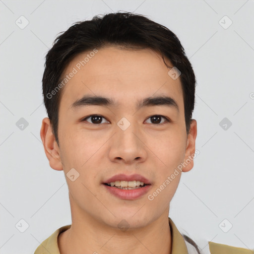 Joyful latino young-adult male with short  brown hair and brown eyes