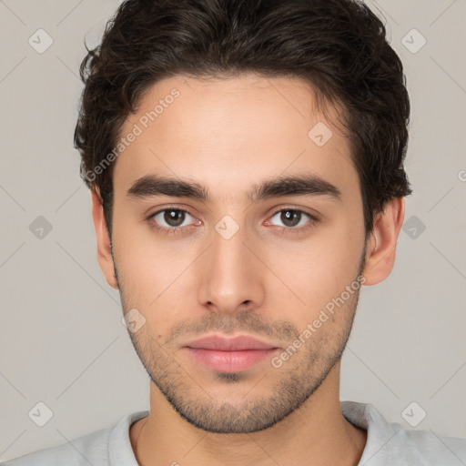 Neutral white young-adult male with short  brown hair and brown eyes