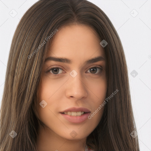 Neutral white young-adult female with long  brown hair and brown eyes