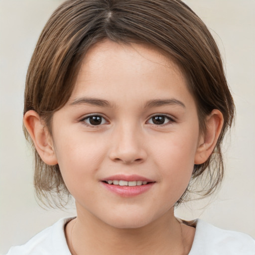 Joyful white child female with medium  brown hair and brown eyes