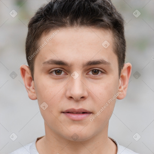 Neutral white young-adult male with short  brown hair and brown eyes