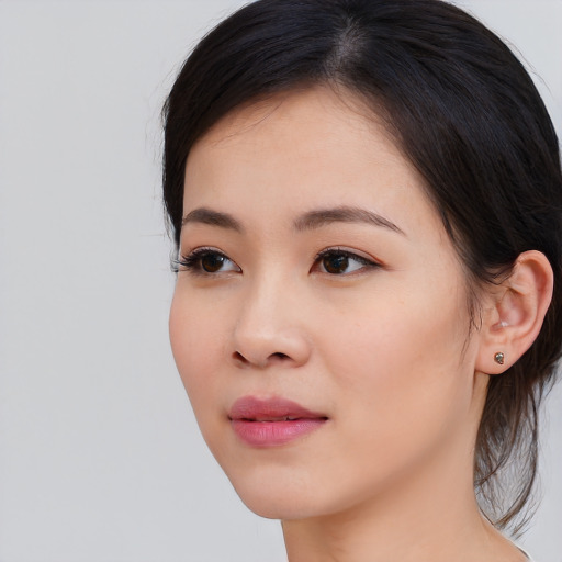 Neutral asian young-adult female with long  black hair and brown eyes