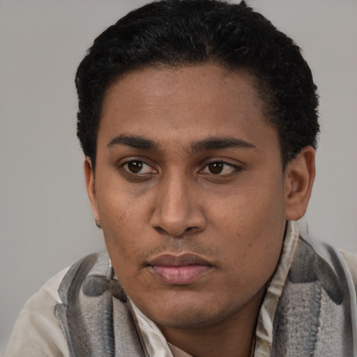 Neutral latino young-adult male with short  black hair and brown eyes