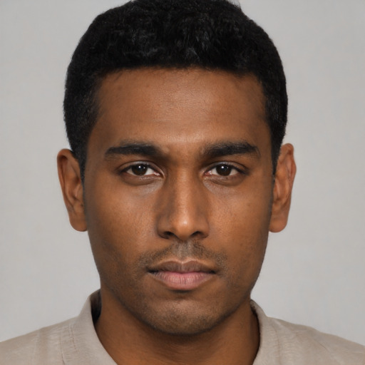 Neutral black young-adult male with short  black hair and brown eyes