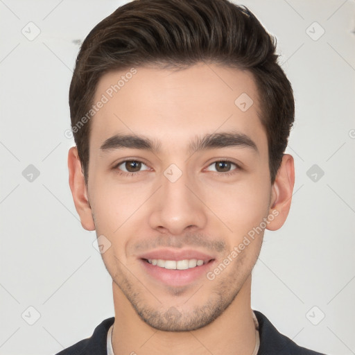 Joyful white young-adult male with short  brown hair and brown eyes