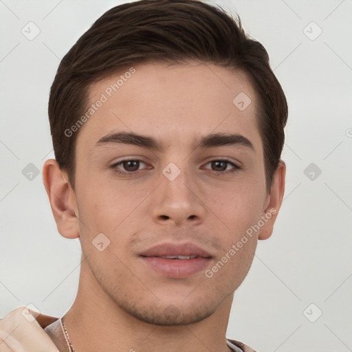 Joyful white young-adult male with short  brown hair and brown eyes