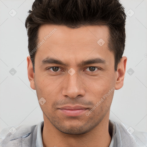 Neutral white young-adult male with short  brown hair and brown eyes