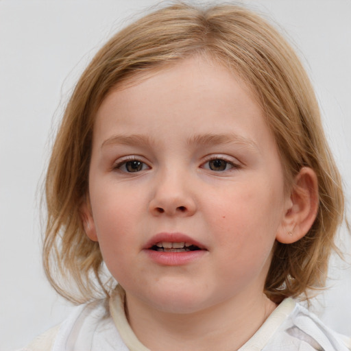 Neutral white child female with medium  brown hair and blue eyes