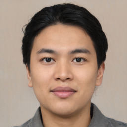 Neutral asian young-adult male with short  black hair and brown eyes