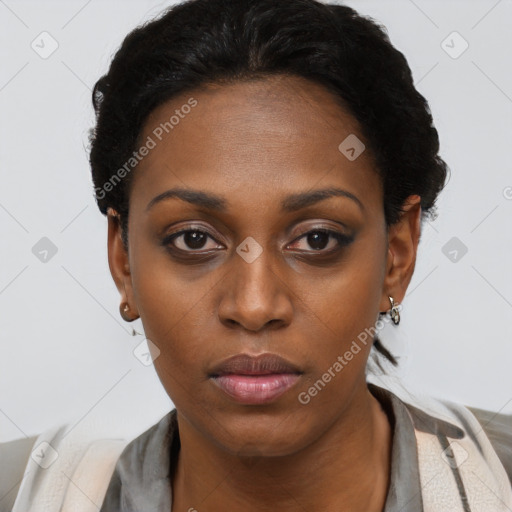 Neutral black young-adult female with short  black hair and brown eyes