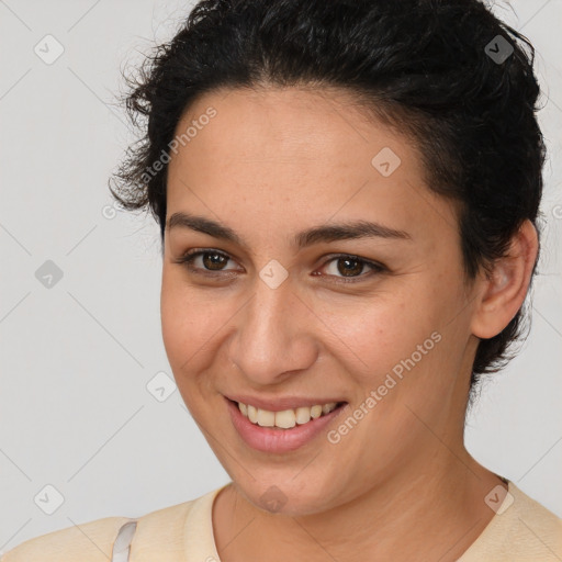 Joyful white young-adult female with short  brown hair and brown eyes