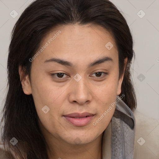 Joyful white young-adult female with long  brown hair and brown eyes