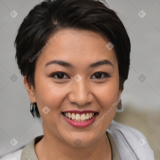 Joyful asian young-adult female with short  brown hair and brown eyes