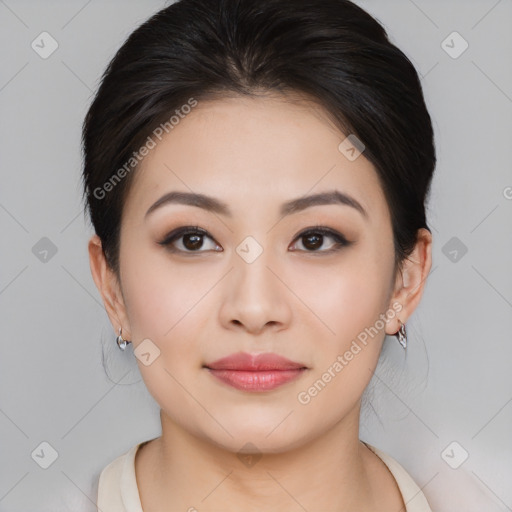 Joyful asian young-adult female with medium  brown hair and brown eyes