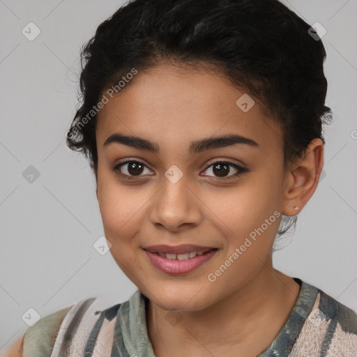 Joyful latino young-adult female with short  brown hair and brown eyes