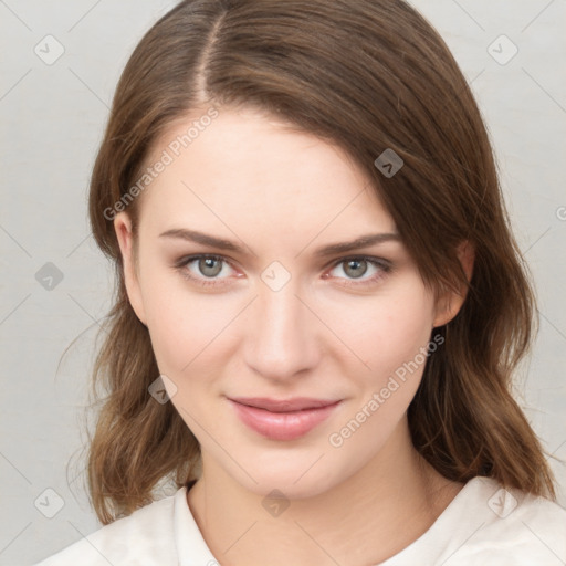 Joyful white young-adult female with medium  brown hair and green eyes