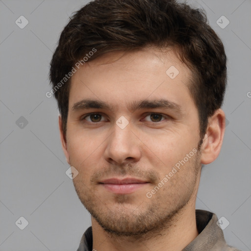 Neutral white young-adult male with short  brown hair and brown eyes