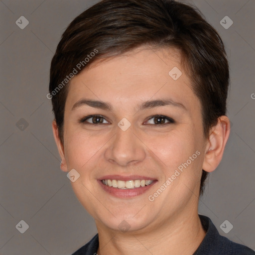 Joyful white young-adult female with short  brown hair and brown eyes