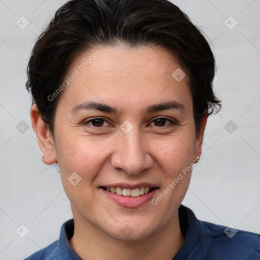 Joyful white young-adult female with short  brown hair and brown eyes